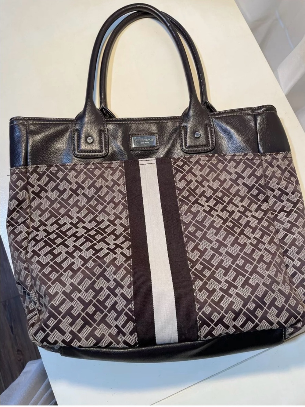 Tommy Hilfiger Brown and Cream Logo Tote with Center Stripe